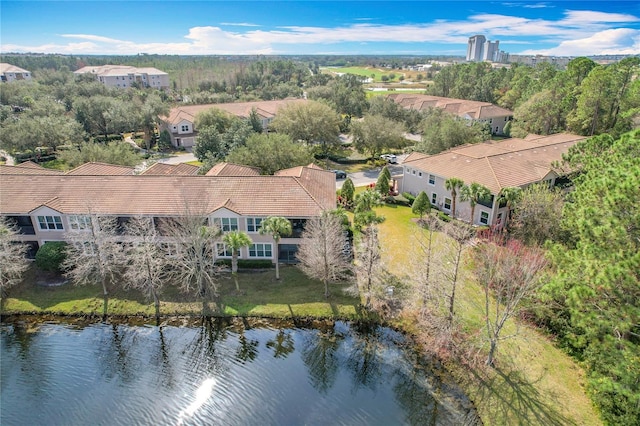 drone / aerial view featuring a water view