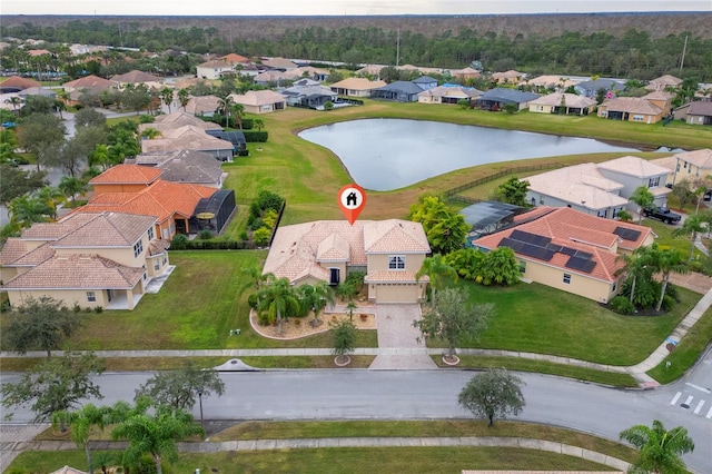 drone / aerial view featuring a water view