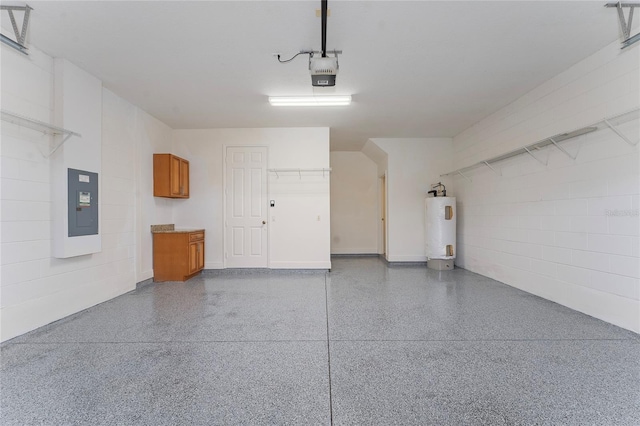 garage featuring a garage door opener, electric panel, and water heater