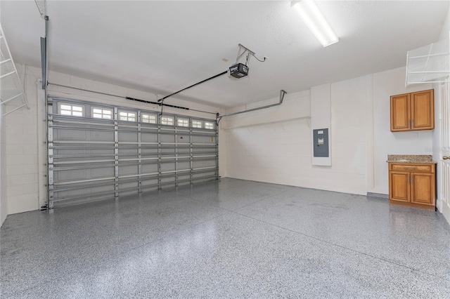 garage featuring a garage door opener and electric panel