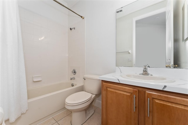 full bathroom with shower / bath combo, tile patterned flooring, vanity, ornamental molding, and toilet