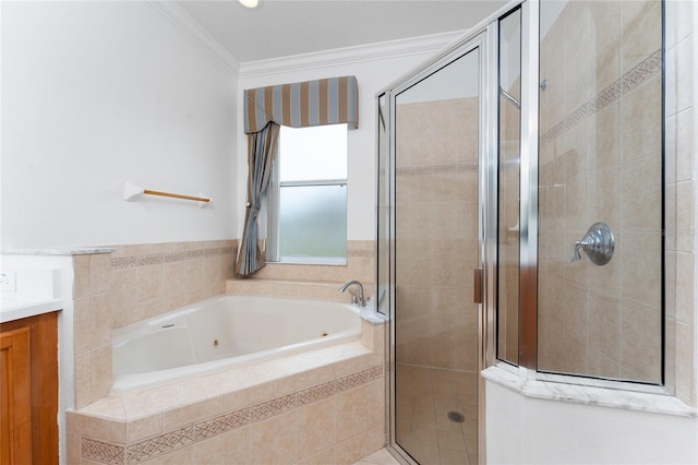 bathroom featuring crown molding and shower with separate bathtub