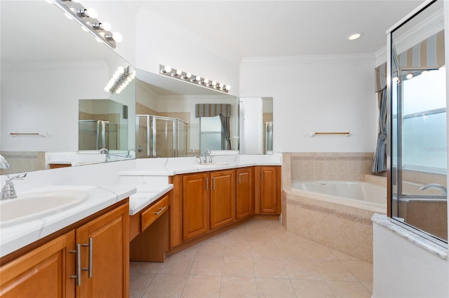 bathroom featuring crown molding, vanity, separate shower and tub, and tile patterned flooring