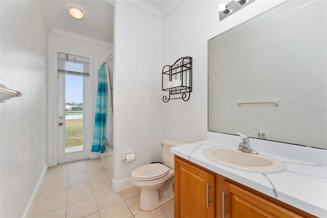 full bathroom featuring tile patterned floors, toilet, shower / tub combo, ornamental molding, and vanity