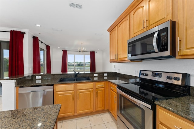 kitchen featuring stainless steel appliances, kitchen peninsula, sink, and dark stone counters