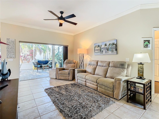 living room featuring light tile patterned floors, ornamental molding, and ceiling fan