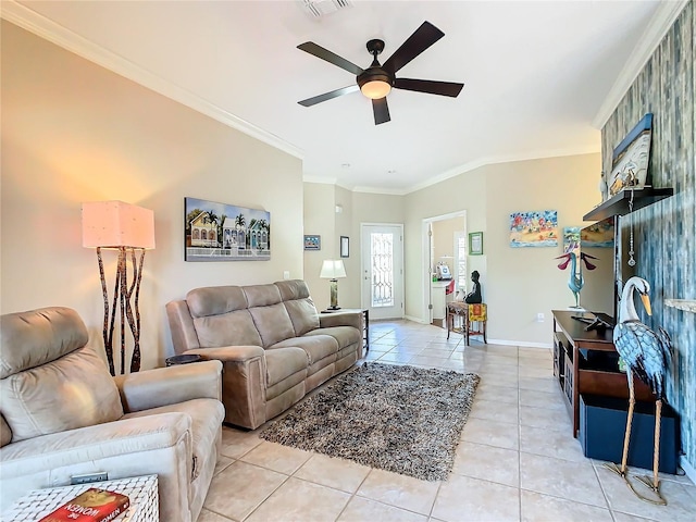 living room featuring crown molding, light tile patterned floors, and ceiling fan