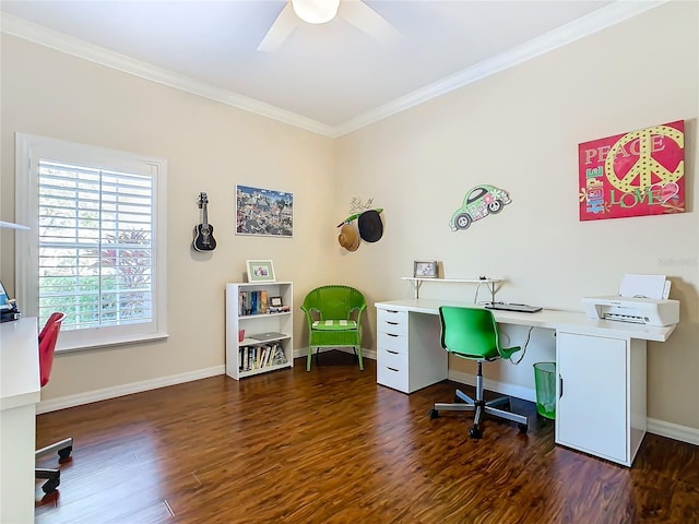 office space featuring dark wood-type flooring, ornamental molding, and ceiling fan