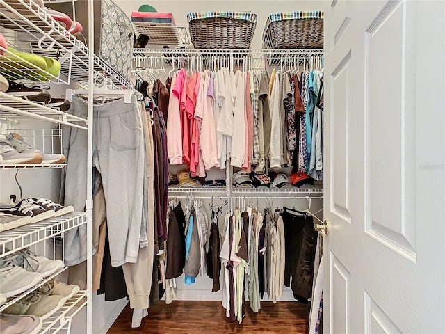 walk in closet with dark wood-type flooring