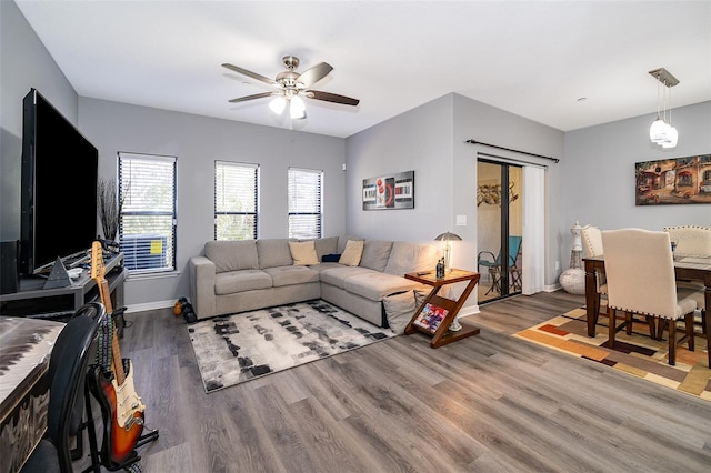 living room featuring ceiling fan and wood-type flooring