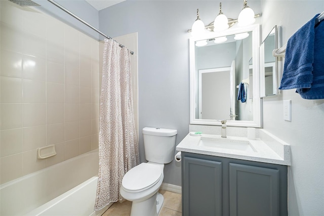 full bathroom with vanity, tile patterned flooring, shower / bath combination with curtain, and toilet