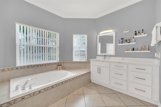 bathroom featuring a relaxing tiled tub, ornamental molding, tile patterned flooring, and vanity