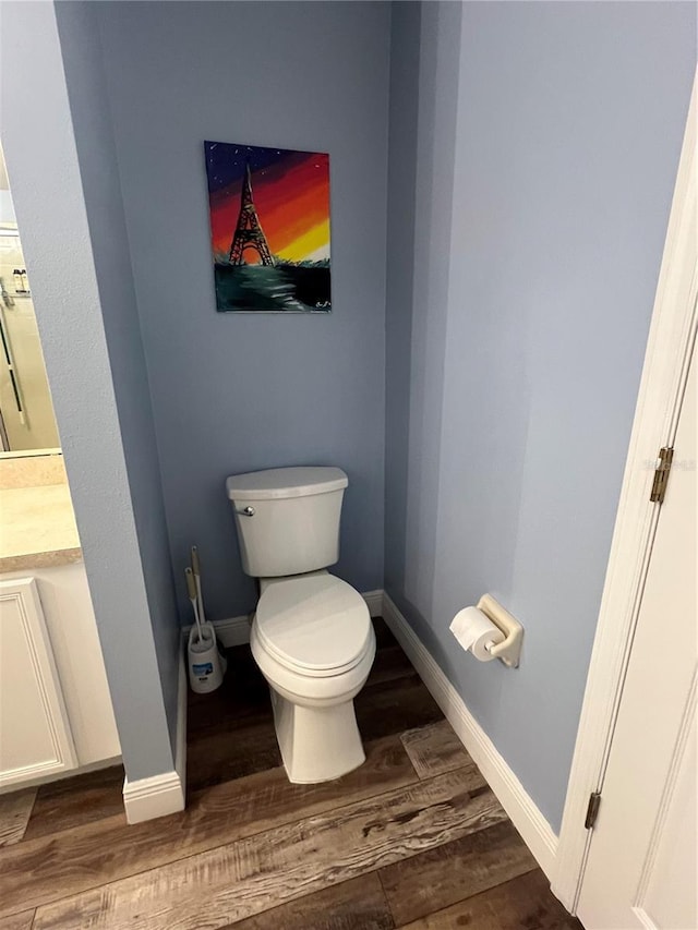 bathroom featuring vanity, wood-type flooring, and toilet