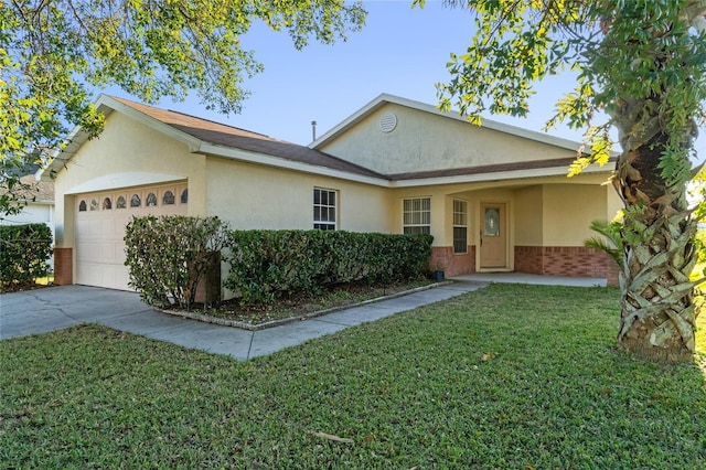 ranch-style home featuring a garage and a front lawn