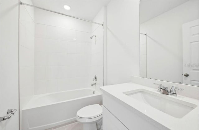 full bathroom with shower / bathtub combination, vanity, toilet, and tile patterned flooring