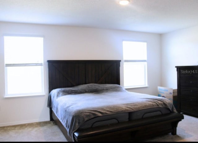 bedroom with light colored carpet