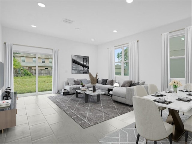 living room with light tile patterned flooring