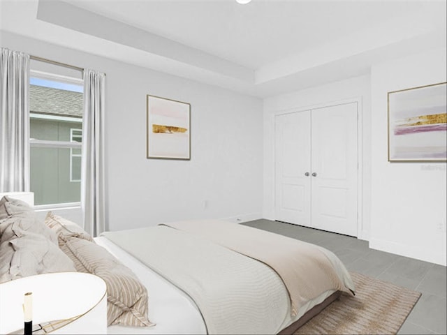 bedroom with a raised ceiling and a closet