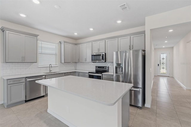 kitchen featuring stainless steel appliances, a center island, sink, and backsplash