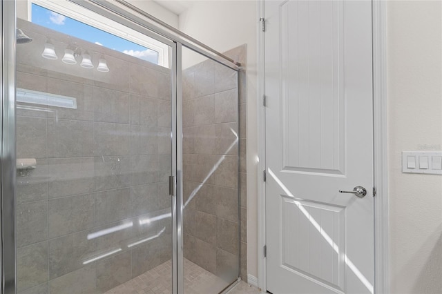 bathroom featuring a shower with shower door