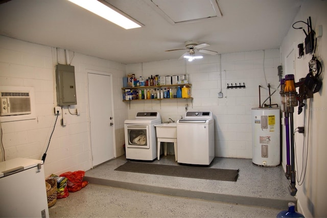 washroom with sink, separate washer and dryer, electric panel, electric water heater, and a wall unit AC