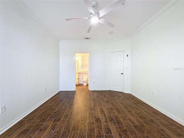 unfurnished bedroom with ceiling fan, ornamental molding, dark hardwood / wood-style flooring, and ensuite bathroom