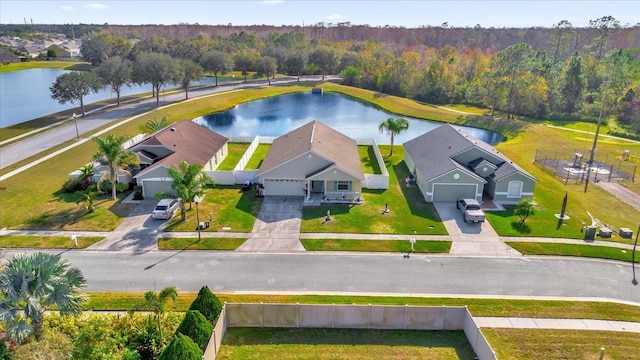 drone / aerial view with a water view