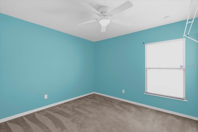 unfurnished room featuring ceiling fan and carpet