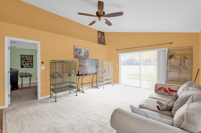 living room with vaulted ceiling, carpet, and ceiling fan