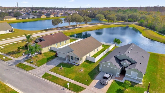 drone / aerial view featuring a water view