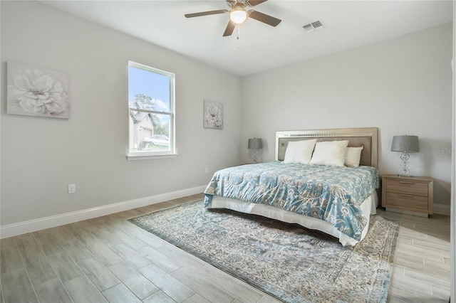 bedroom featuring ceiling fan and light hardwood / wood-style flooring