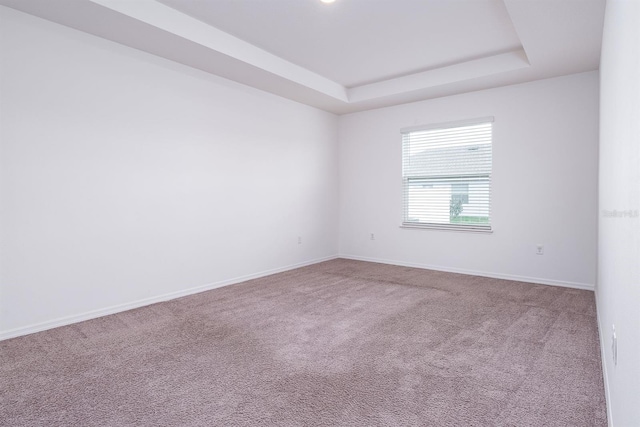 carpeted spare room with a raised ceiling