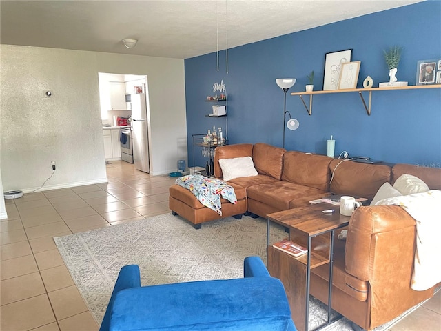 living room with tile patterned flooring