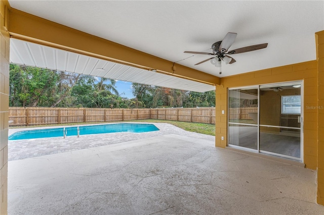 view of swimming pool featuring a patio area and ceiling fan