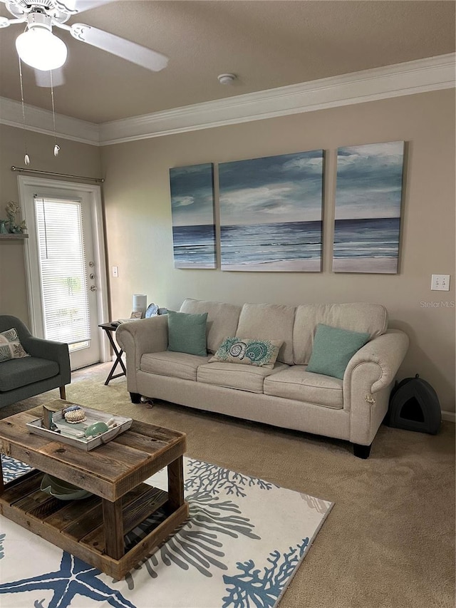 carpeted living room with ceiling fan and ornamental molding