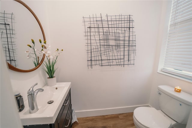 bathroom with vanity, wood-type flooring, and toilet