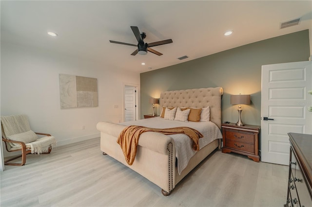 bedroom featuring ceiling fan and light wood-type flooring