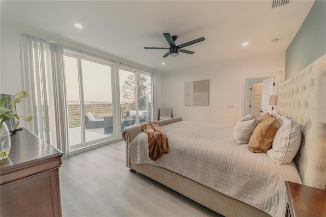 bedroom with ceiling fan, access to outside, and light hardwood / wood-style floors