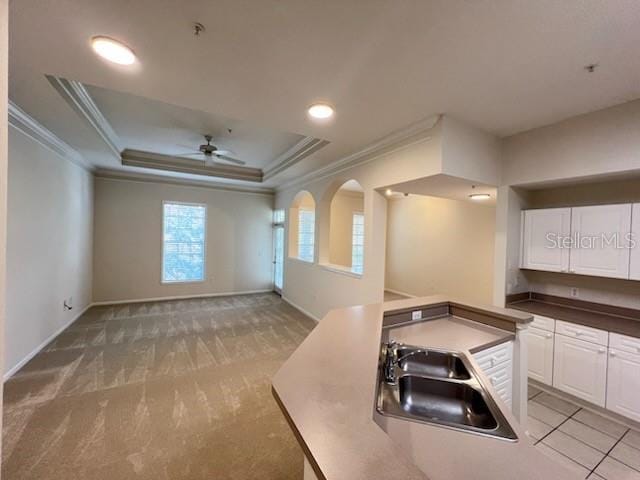 kitchen featuring white cabinetry, sink, a tray ceiling, and ornamental molding