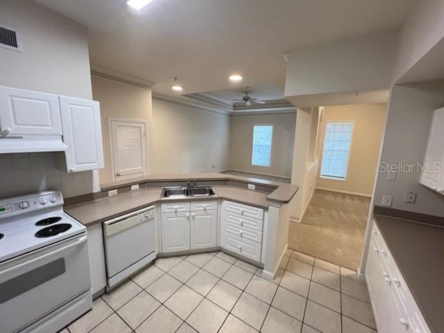 kitchen featuring white cabinetry, sink, ornamental molding, kitchen peninsula, and white appliances