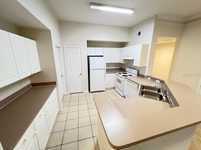 kitchen featuring white cabinetry, white appliances, kitchen peninsula, and sink