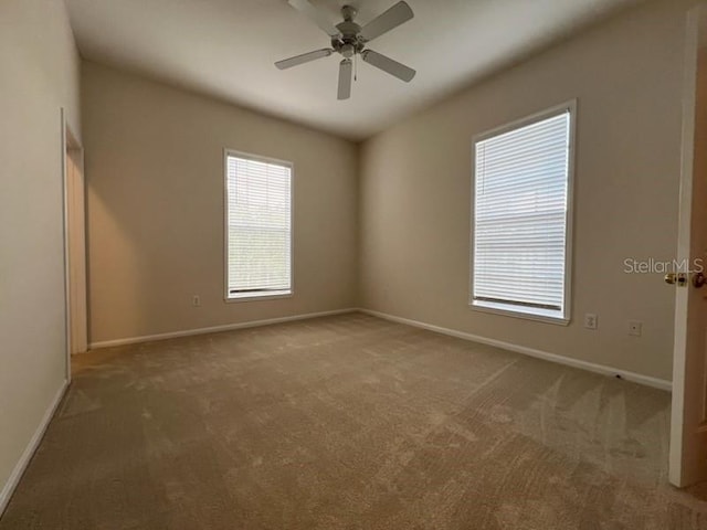 spare room featuring ceiling fan and carpet