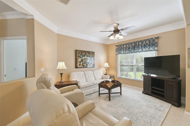 tiled living room with crown molding and ceiling fan