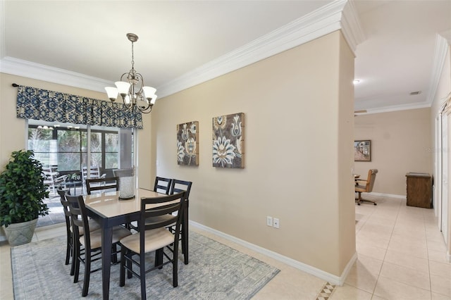 tiled dining space featuring crown molding and a notable chandelier