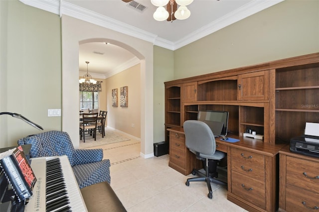 home office featuring crown molding, a chandelier, and light tile patterned flooring