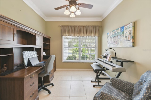 office with ornamental molding, ceiling fan, and light tile patterned flooring