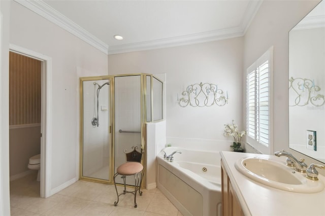 full bathroom featuring crown molding, separate shower and tub, and tile patterned flooring