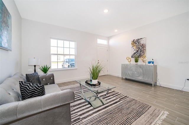 living room with light hardwood / wood-style flooring