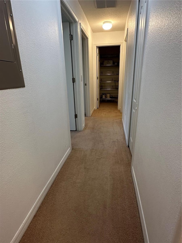 corridor with light colored carpet, electric panel, and a textured ceiling