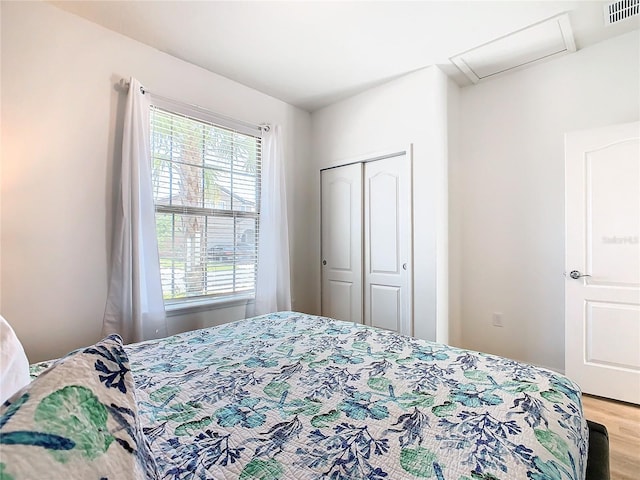 bedroom featuring wood-type flooring and a closet